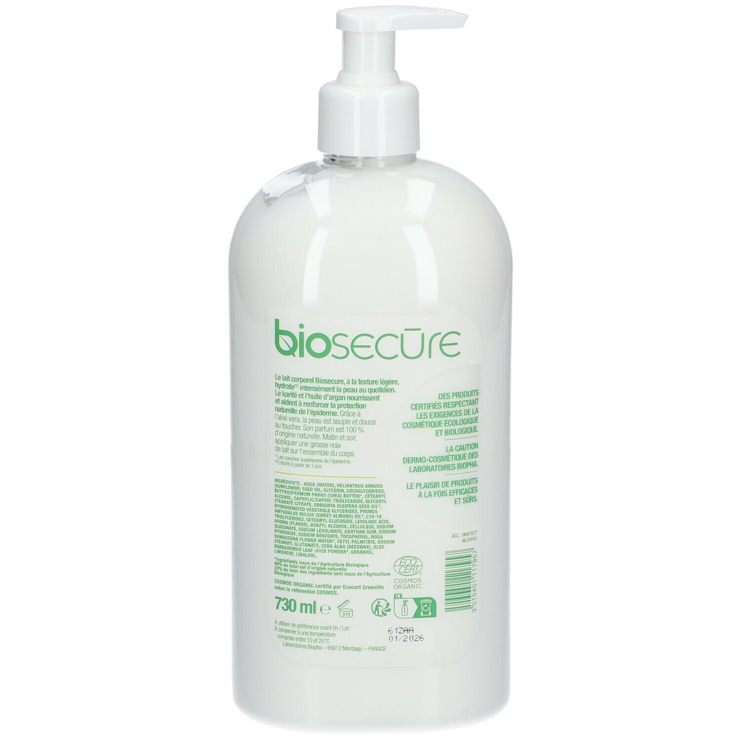 Flacon blanc avec pompe, dos. Texte et logos. Volume: 730 ml. Label bio.