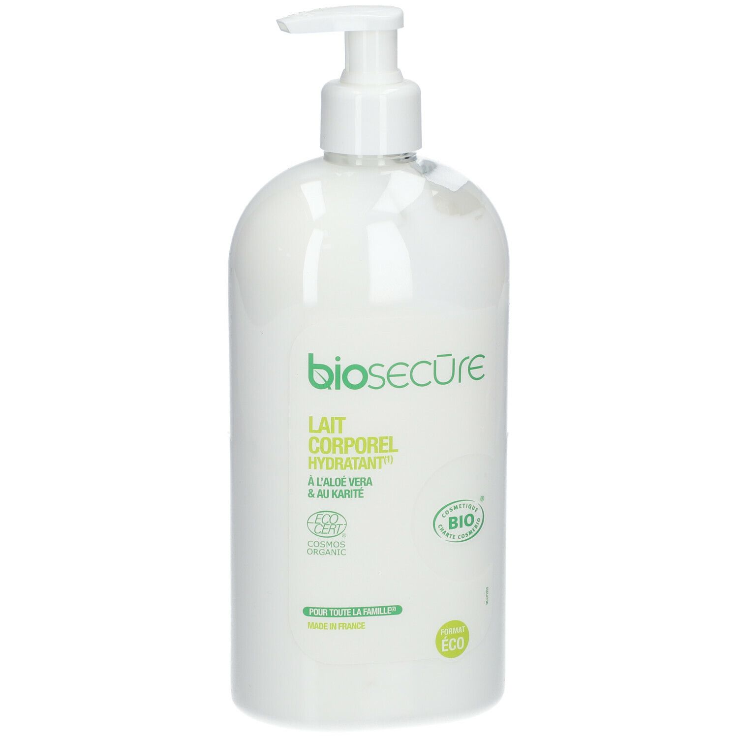 Flacon blanc avec pompe. Inscription: bio secure, Lait Corporel Hydratant, Aloe Vera & Karité. Label bio.