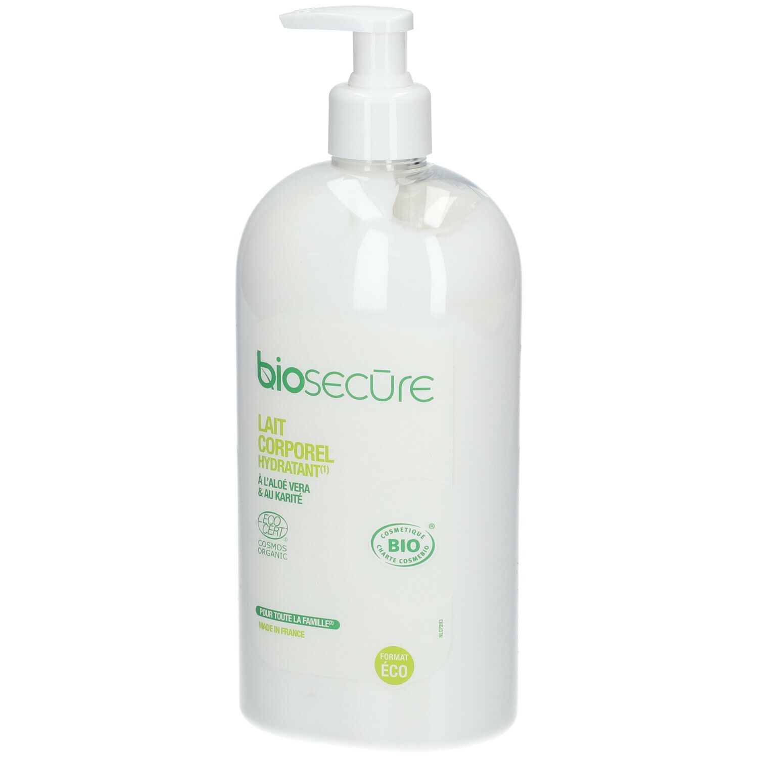Flacon blanc avec pompe. Inscription: bio secure, Lait Corporel Hydratant, Aloe Vera & Karité. Label bio.