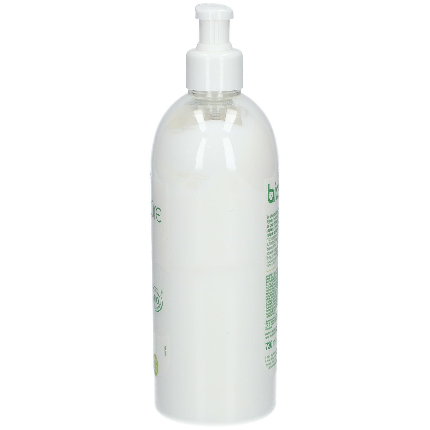 Flacon blanc avec pompe, vue latérale. Texte et logos sur le flacon. Label bio.