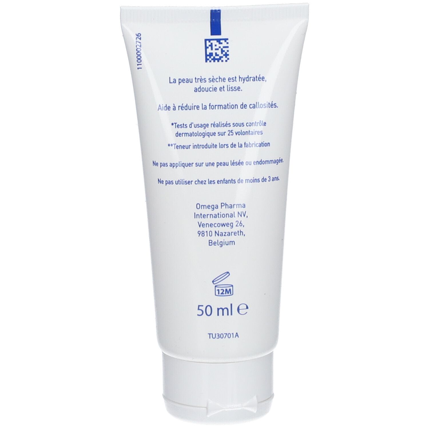 Achterkant witte tube. Tekst: La peau très sèche est hydratée, adoucie et lisse. 50 ml. Omega Pharma. 12M-symbool.