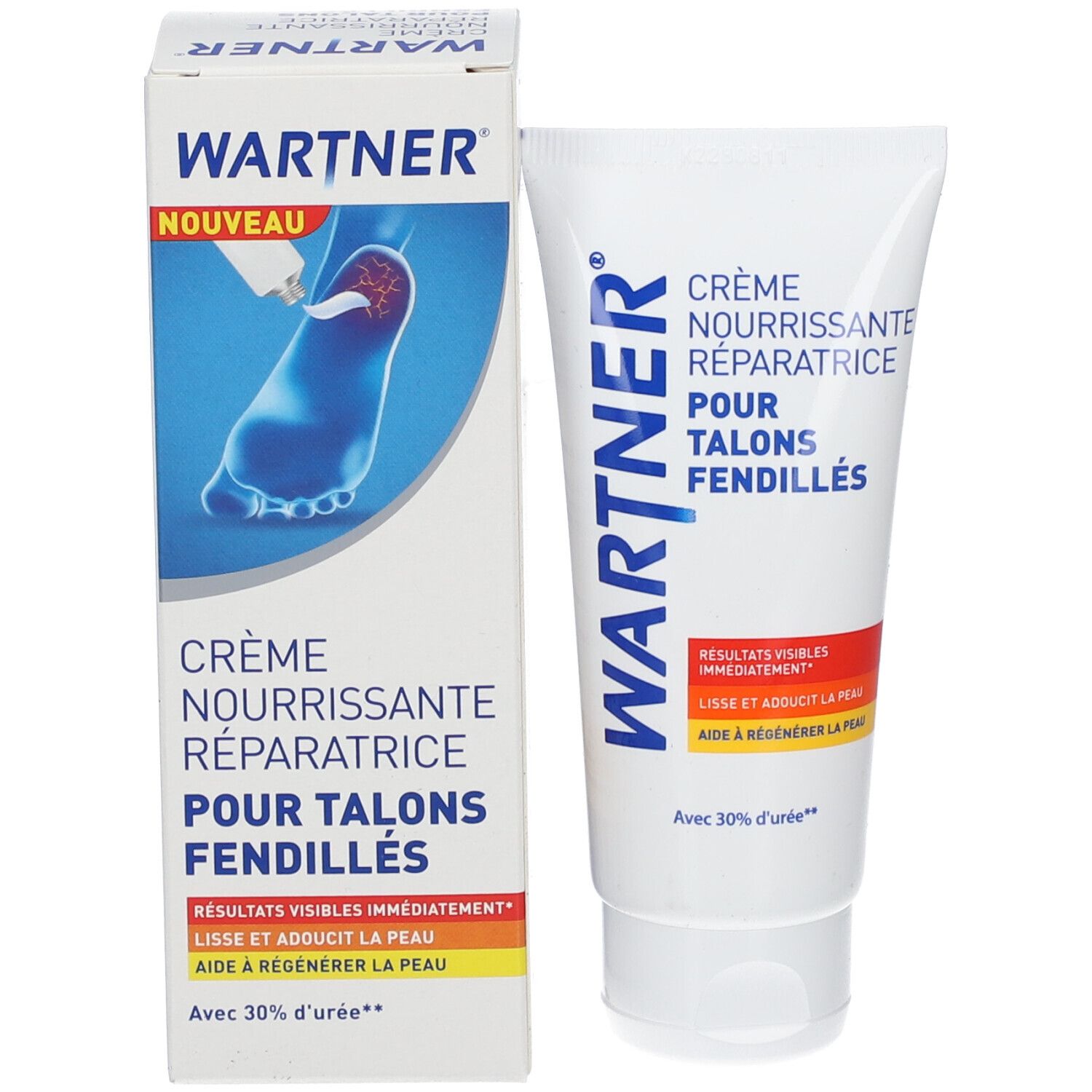 Verpakking en tube. Verpakking: WARTNER, Crème Nourrissante Réparatrice Pour Talons Fendillés. Tube: zelfde tekst. Beide wit.