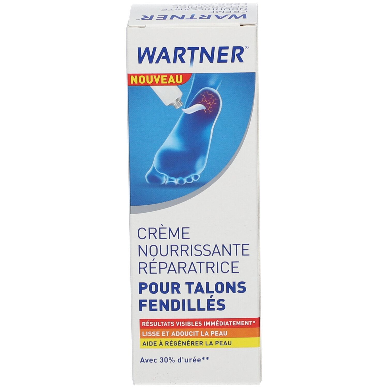 Productverpakking. WARTNER, Crème Nourrissante Réparatrice Pour Talons Fendillés. Illustratie: voet met crème. Wit, blauw, rood, geel.