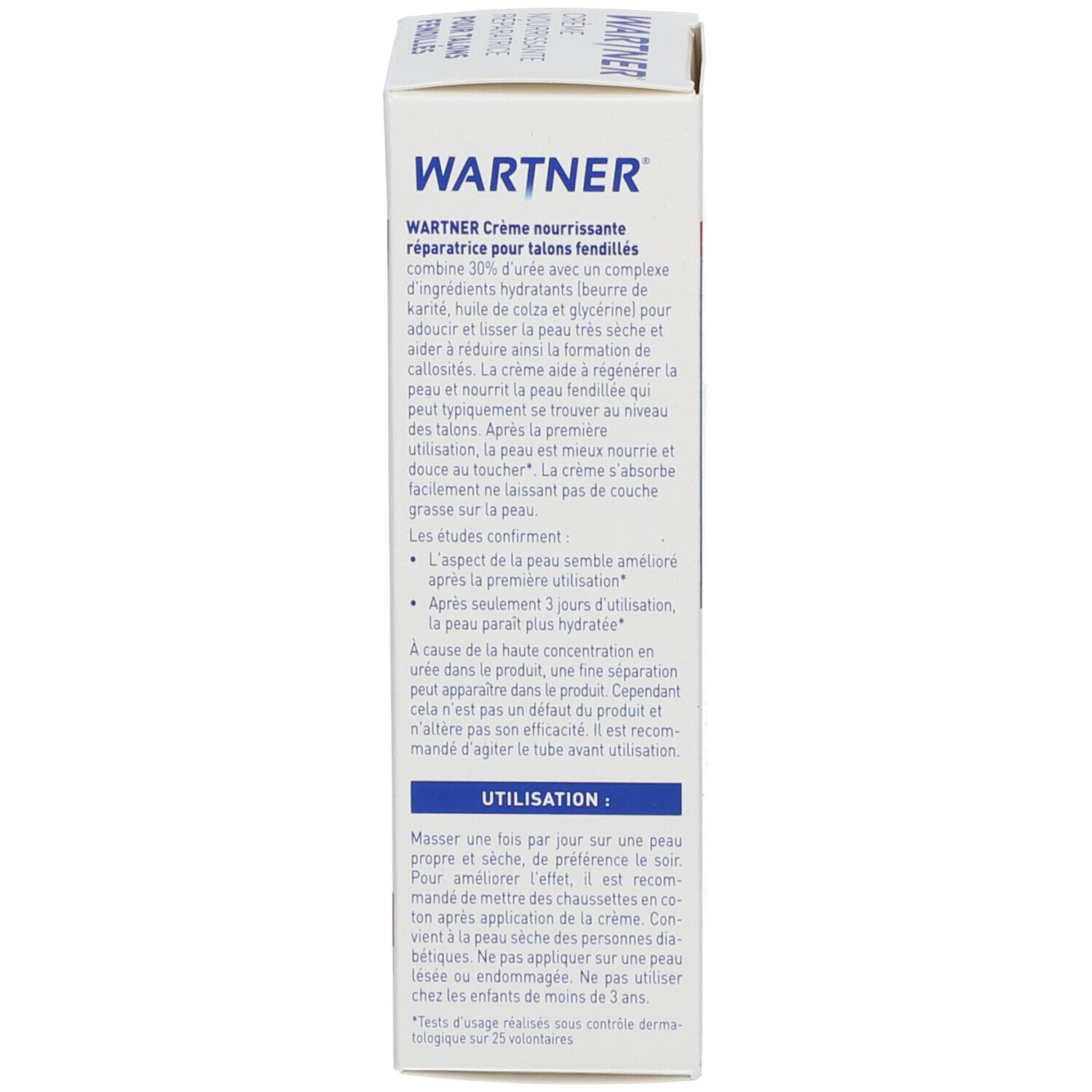 Achterkant productverpakking. Tekst: WARTNER Crème nourrissante réparatrice pour talons fendillés. Ingrediënten, gebruiksaanwijzing.