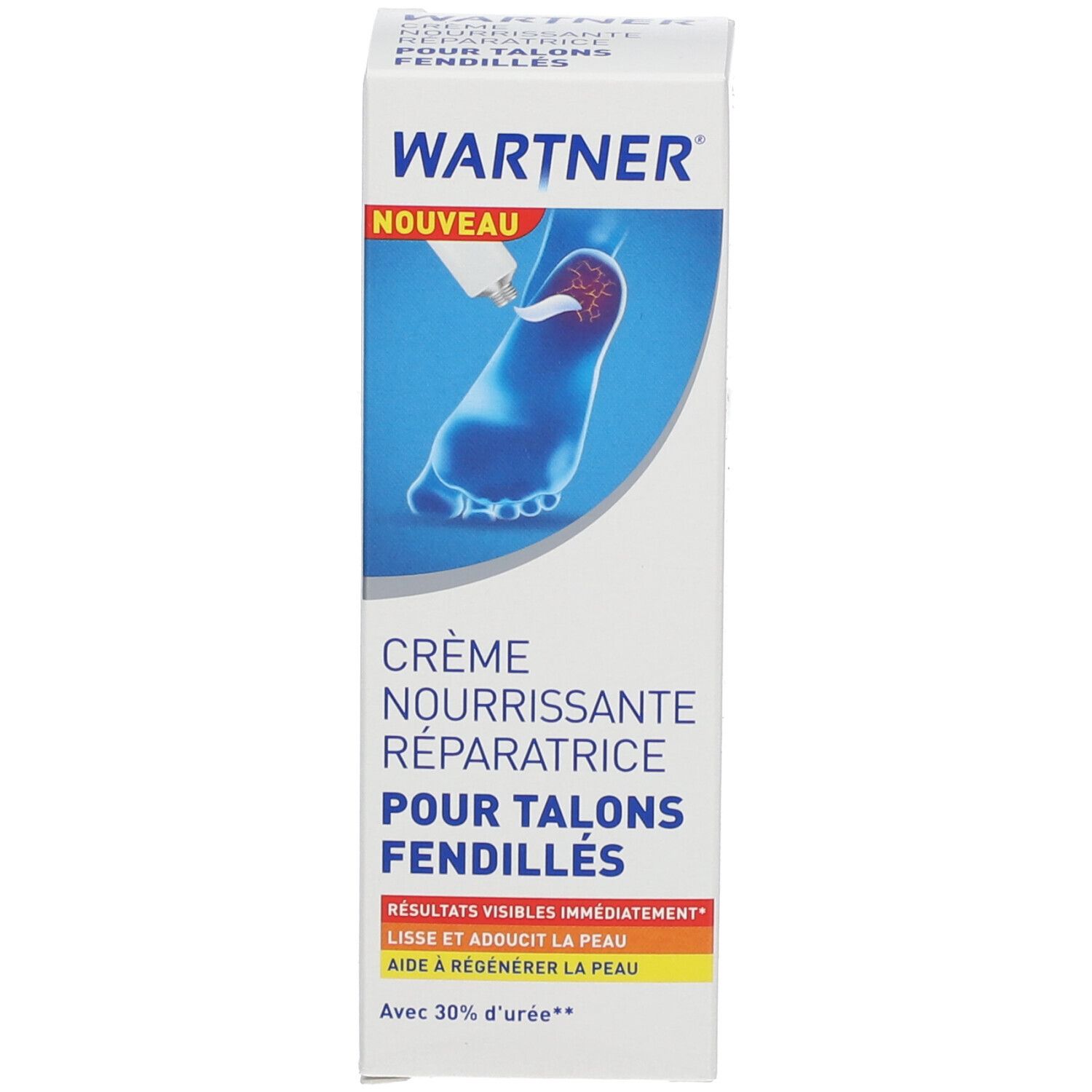 Productverpakking. WARTNER, Crème Nourrissante Réparatrice Pour Talons Fendillés. Illustratie: voet met crème. Wit, blauw, rood, geel.