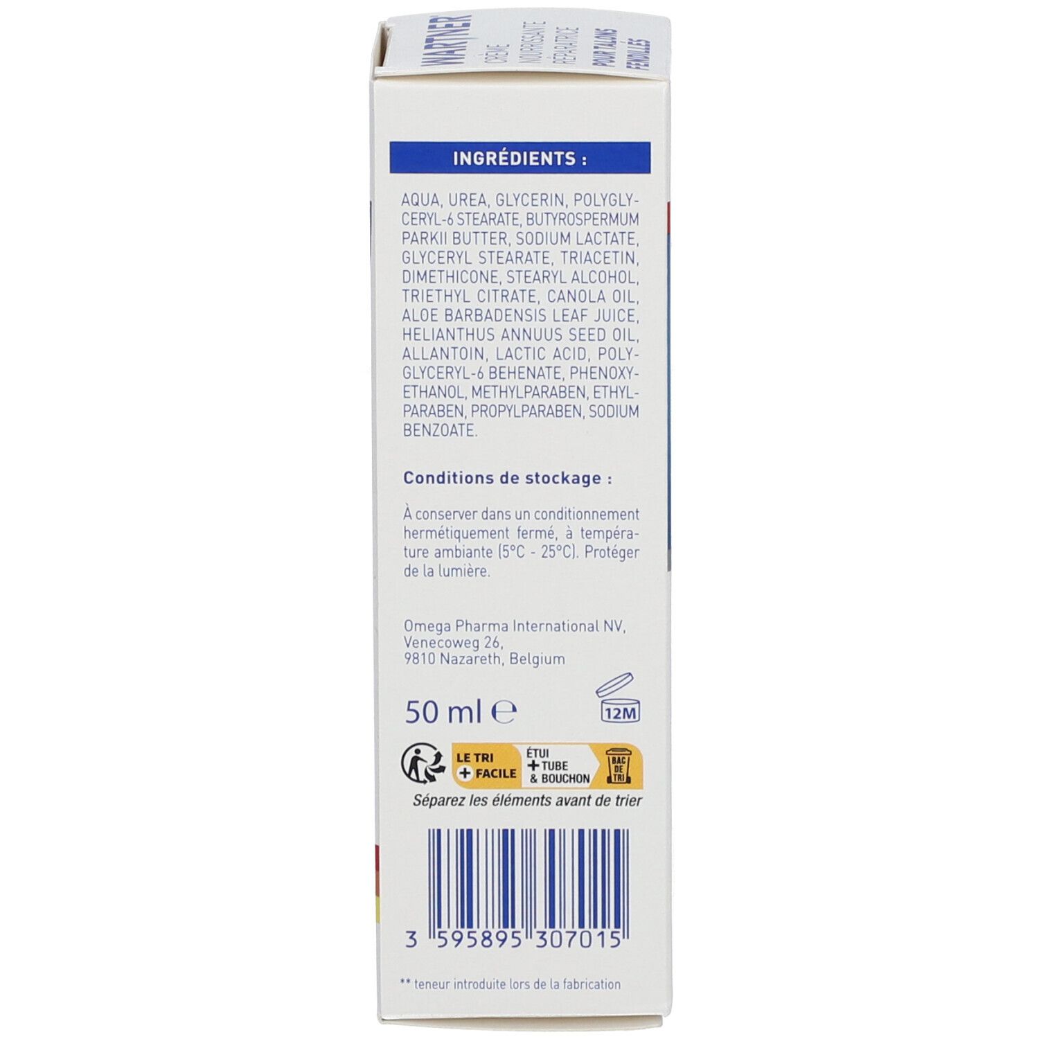 Achterkant productverpakking. Ingrediënten, bewaarcondities, 50 ml, 12M-symbool. Fabrikant: Omega Pharma.