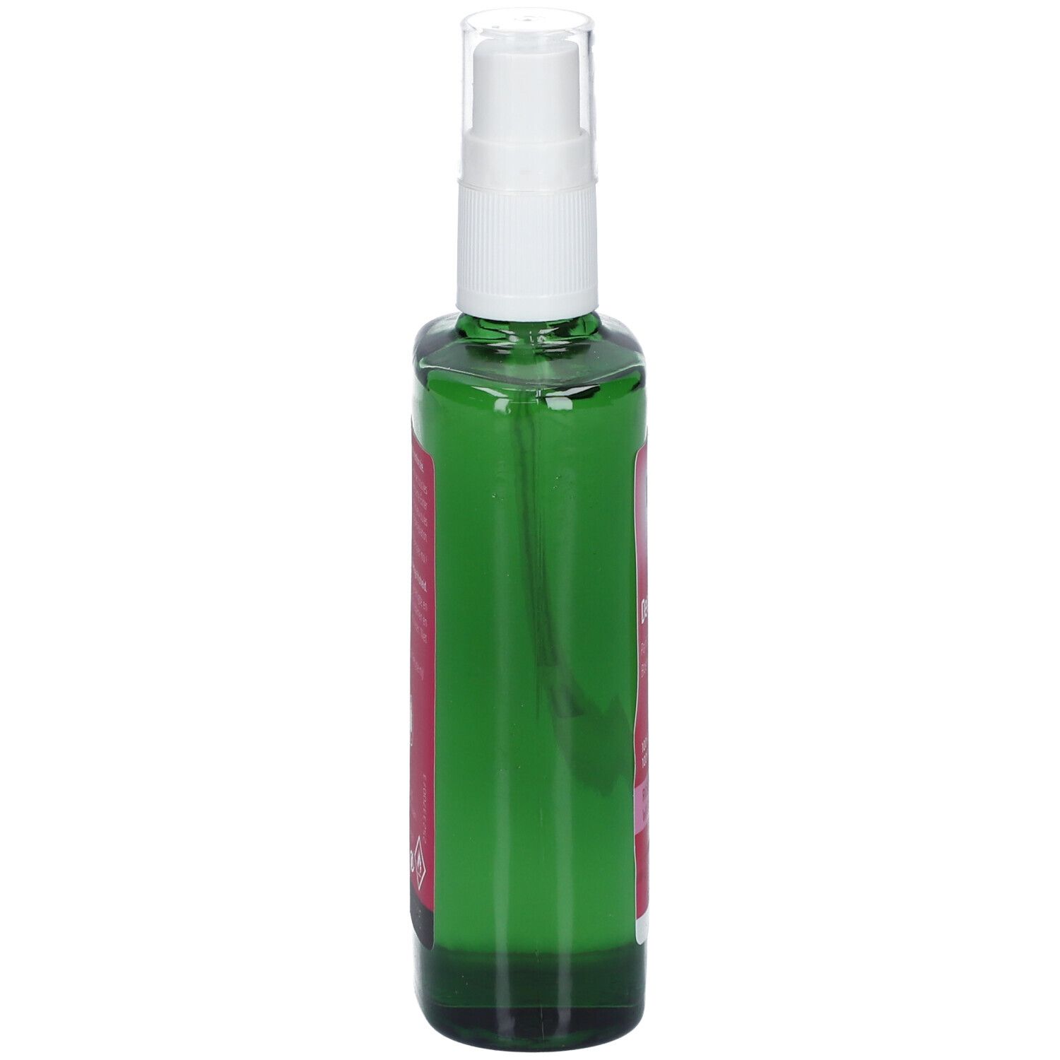 Grüne Glasflasche mit weißem Sprühkopf. Seitenansicht. Etikett mit Produktinformationen. Marke: Weleda.