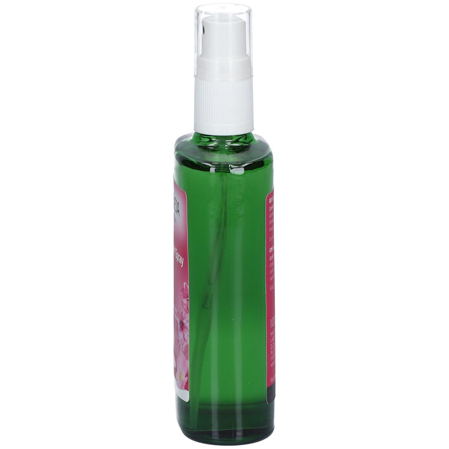 Grüne Glasflasche mit weißem Sprühkopf. Seitenansicht. Etikett mit Produktinformationen. Marke: Weleda.