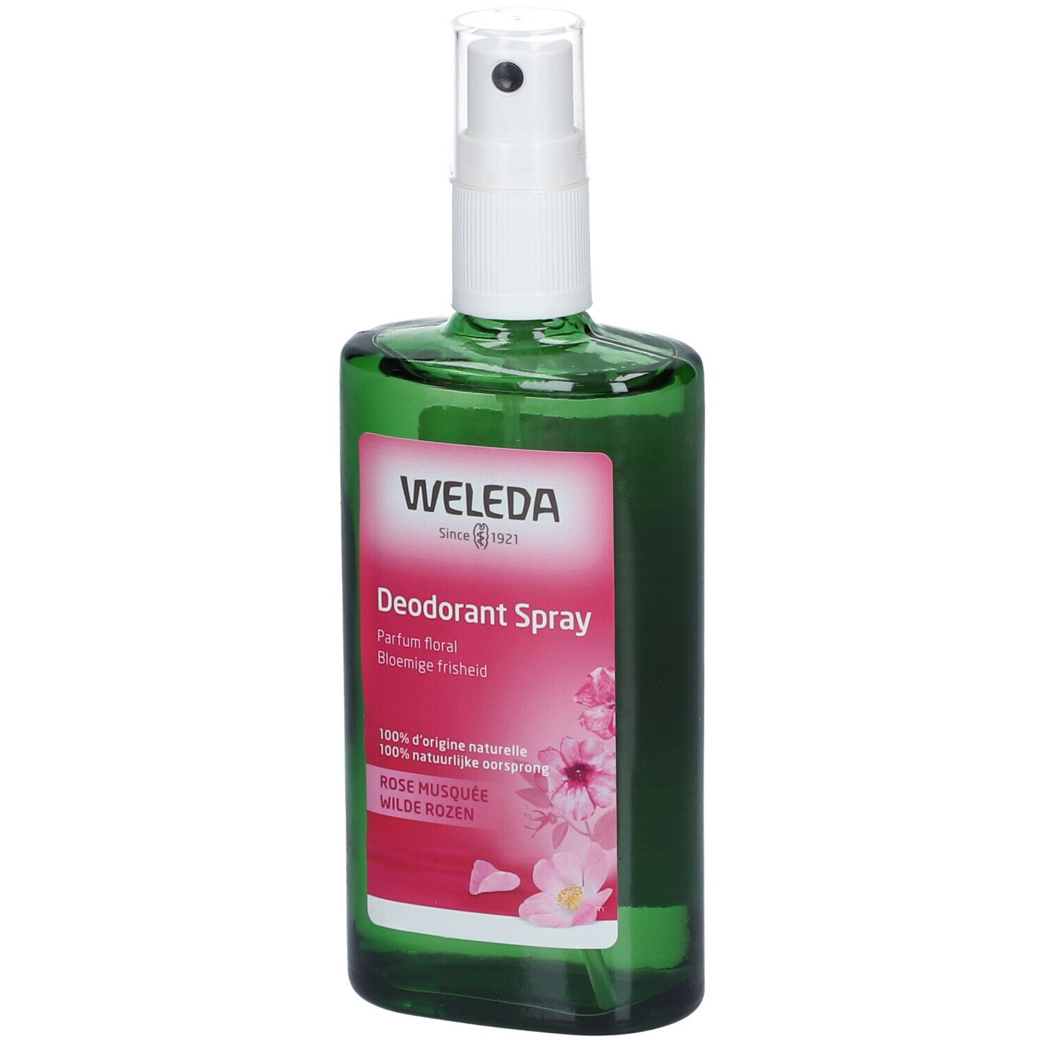 Grüne Glasflasche mit weißem Sprühkopf. Etikett mit Produktnamen und Rosenabbildung. Marke: Weleda.