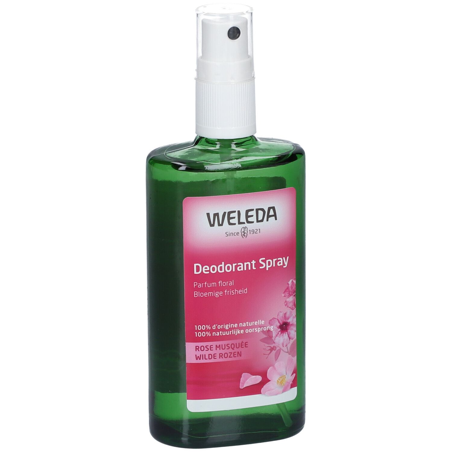 Grüne Glasflasche mit weißem Sprühkopf. Etikett mit Produktnamen und Rosenabbildung. Marke: Weleda.