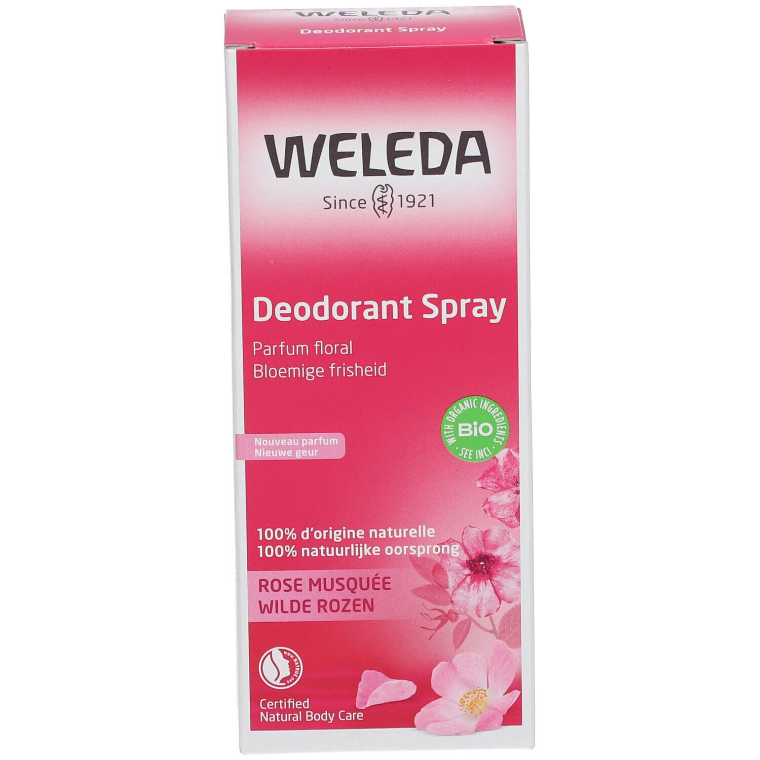 Produktverpackung. Verpackung mit Produktnamen und Rosenabbildung. Marke: Weleda. Bio-Zertifizierung.