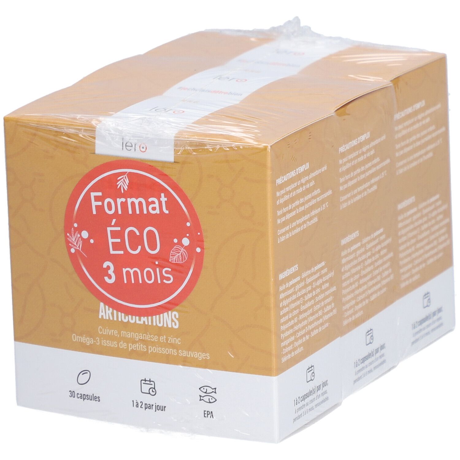 Boîte en carton "Format ECO 3 mois". Contient 30 capsules. Contient cuivre, manganèse et zinc. Emballé dans du film plastique.