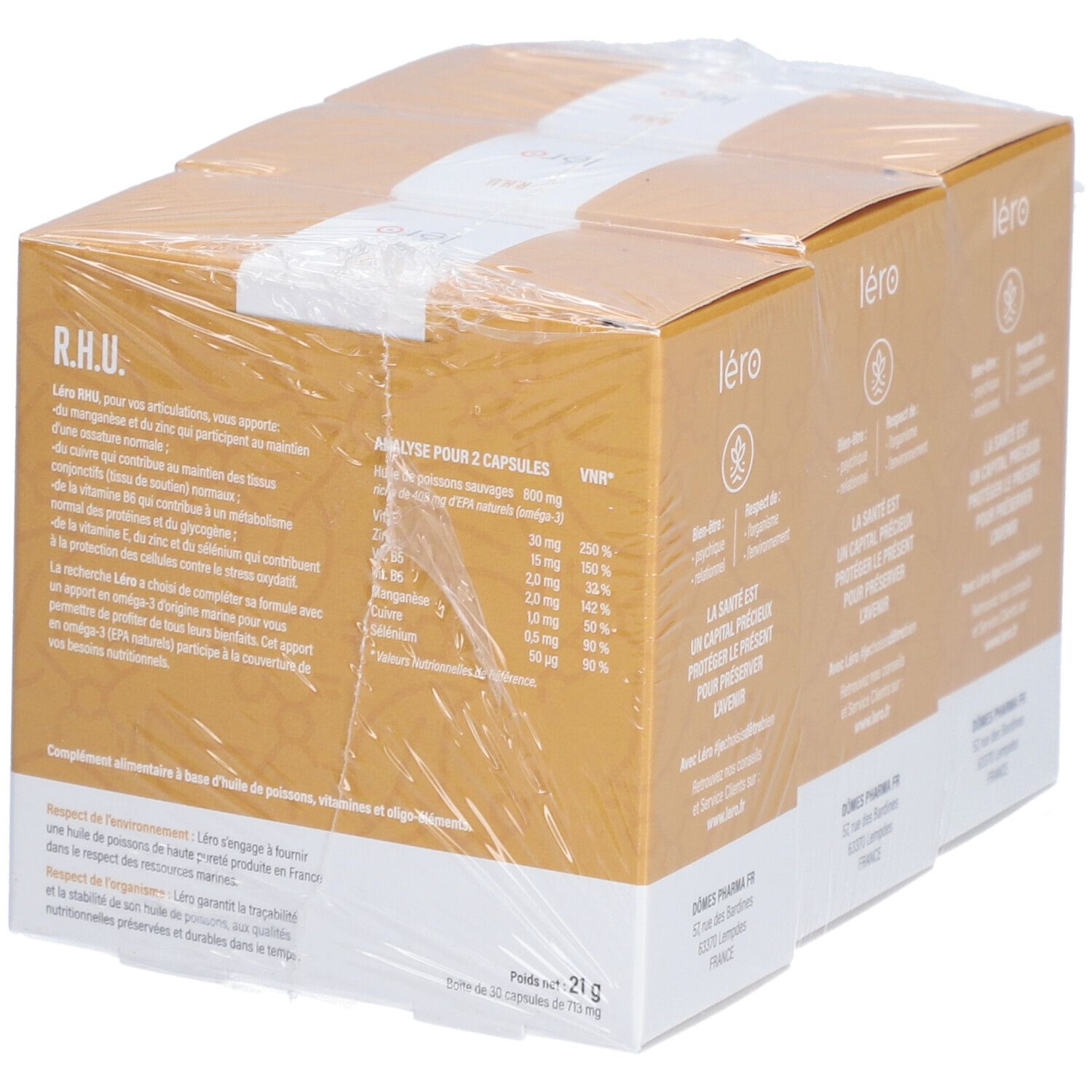 Boîte en carton avec logo "léro" et informations produit. Contient 21g. Emballé dans du film plastique. Contient des informations d'analyse pour 2 capsules.