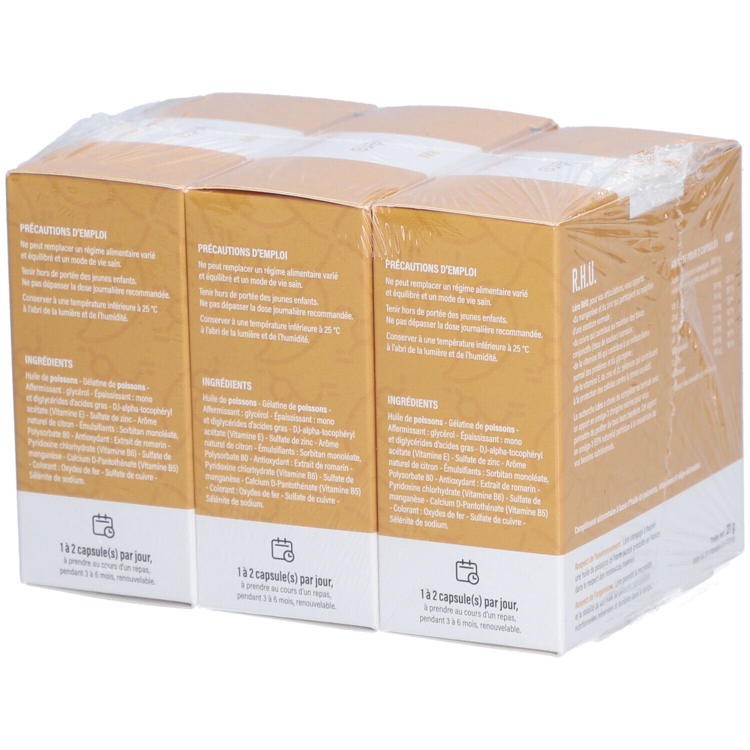 Trois boîtes en carton, emballées dans du film plastique. Chaque boîte contient des informations sur les ingrédients et les précautions. "1 à 2 capsules par jour".