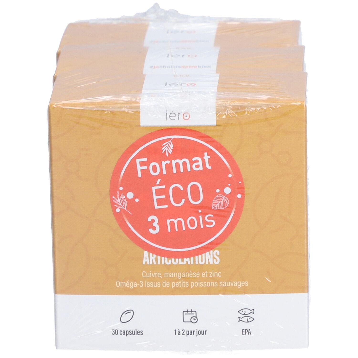 Boîte en carton avec logo "léro" et "Format ECO 3 mois". Contient 30 capsules. Contient cuivre, manganèse et zinc. Emballé dans du film plastique.