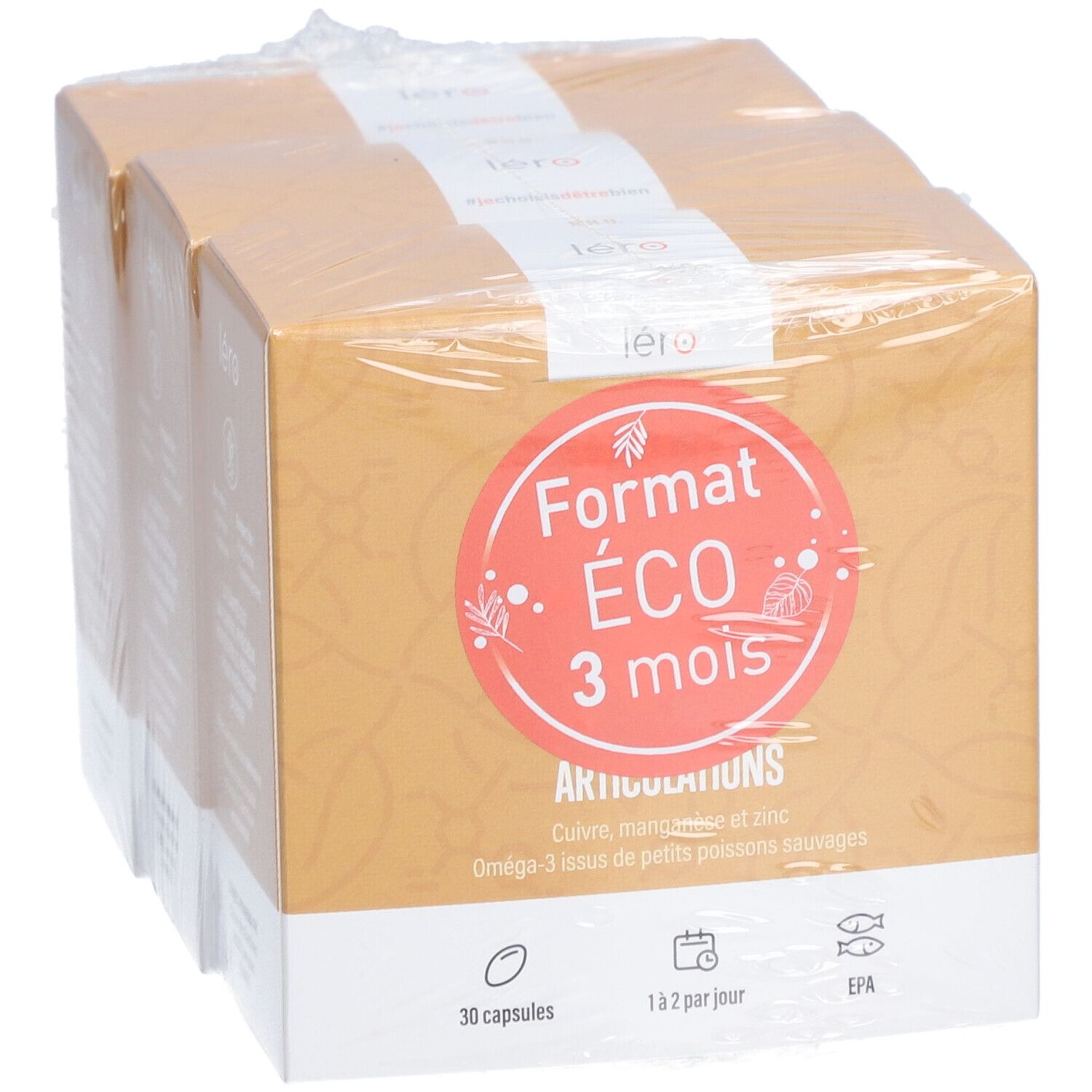 Plusieurs boîtes en carton, emballées dans du film plastique. Chaque boîte a le logo "léro" et "Format ECO 3 mois". Contient 30 capsules.