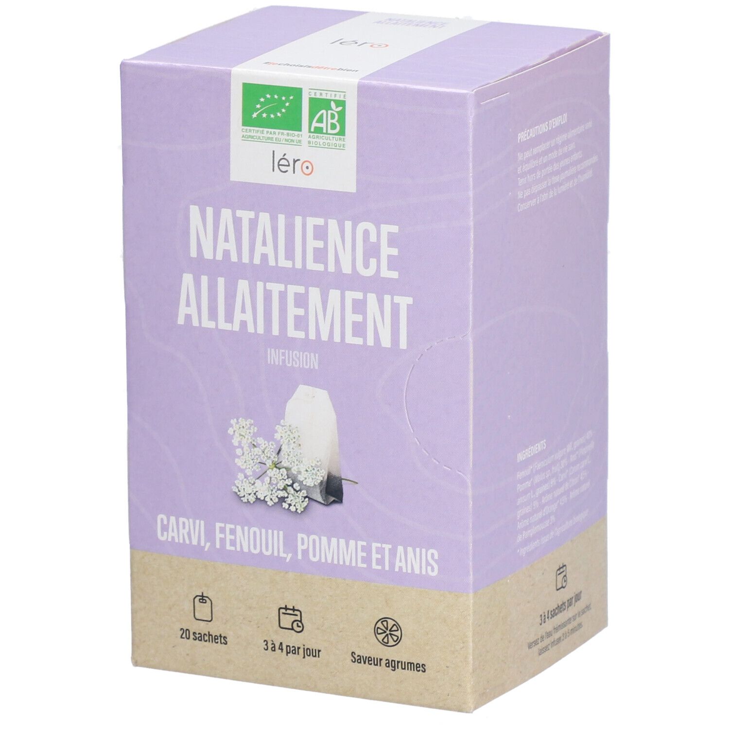 Boîte lilas "Natalience Allaitement" et logo. 20 sachets, 3-4 par jour, goût agrumes. Label bio.