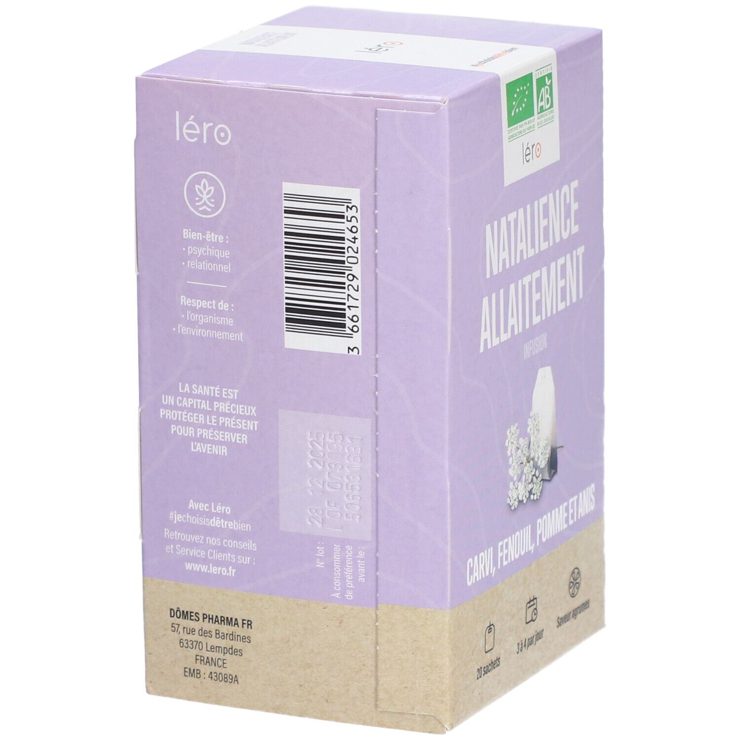 Vue latérale de la boîte lilas. Code-barres, logo, texte. "Natalience Allaitement". Label bio.
