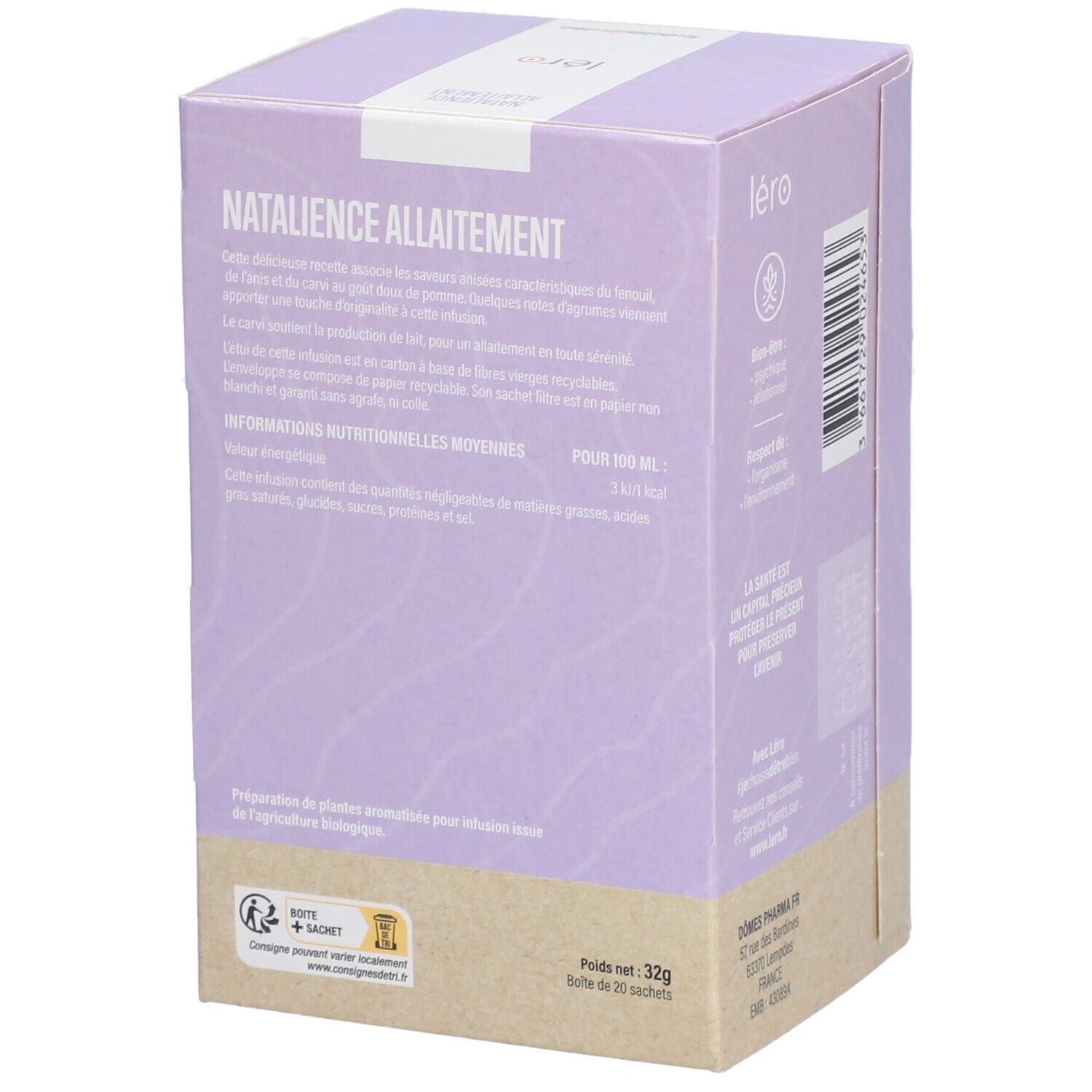 Dos de la boîte lilas. Texte, informations nutritionnelles, logo. "Natalience Allaitement".