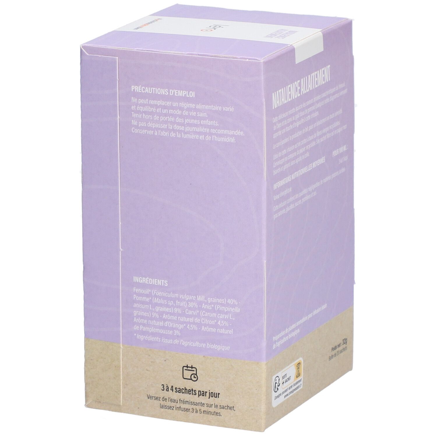 Boîte lilas avec texte et ingrédients. "Natalience Allaitement". Label bio.