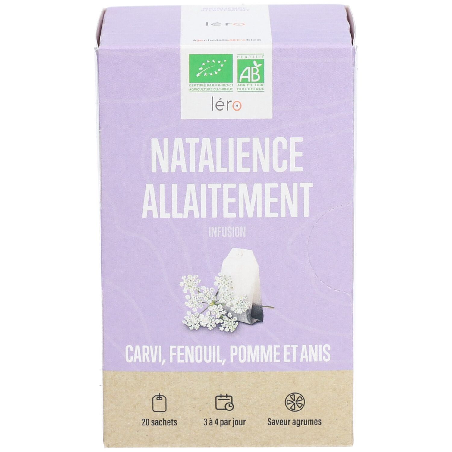 Vue de face de la boîte lilas. "Natalience Allaitement" et logo. 20 sachets, 3-4 par jour.