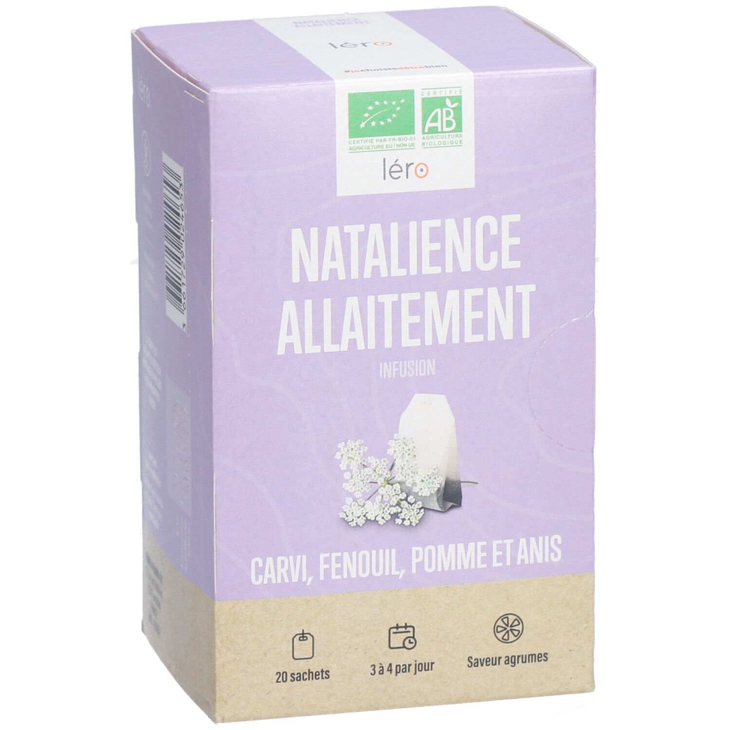 Boîte lilas, "Natalience Allaitement" et logo. 20 sachets, 3-4 par jour, goût agrumes. Label bio.