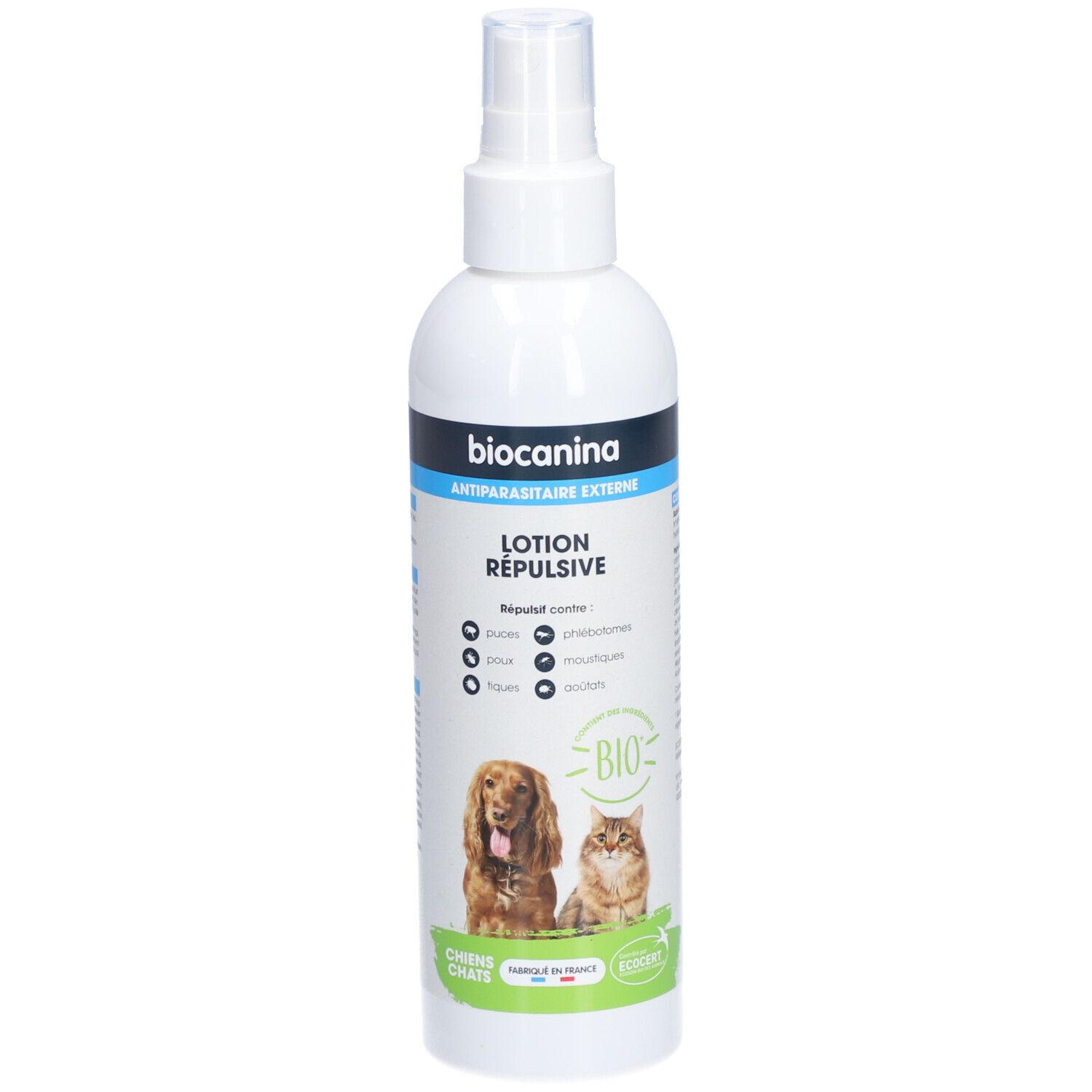 Flacon spray blanc avec étiquette. Inscription: Biocanina, Lotion Répulsive. Illustration chien et chat.