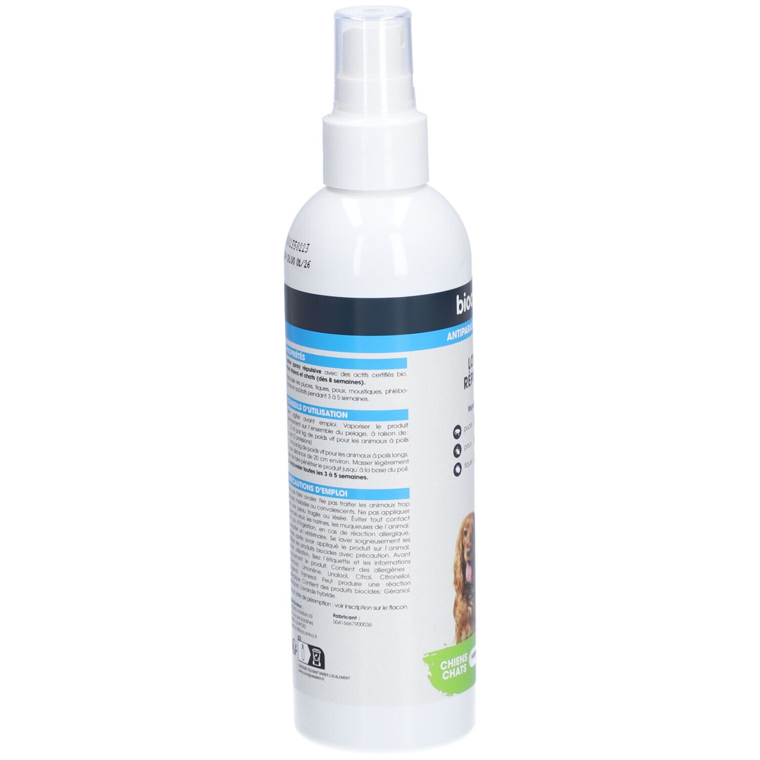 Flacon spray blanc, dos avec texte. Inscription: Biocanina. Texte en français. Étiquette d'informations.