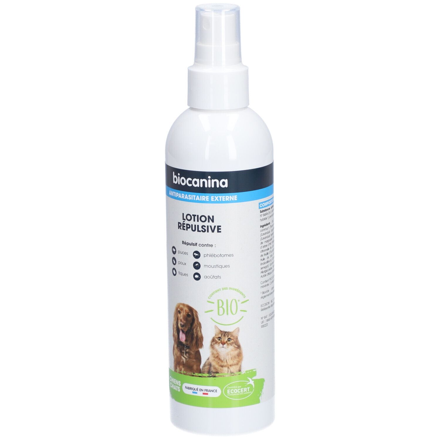Flacon spray blanc avec étiquette. Inscription: Biocanina, Lotion Répulsive. Illustration chien et chat.