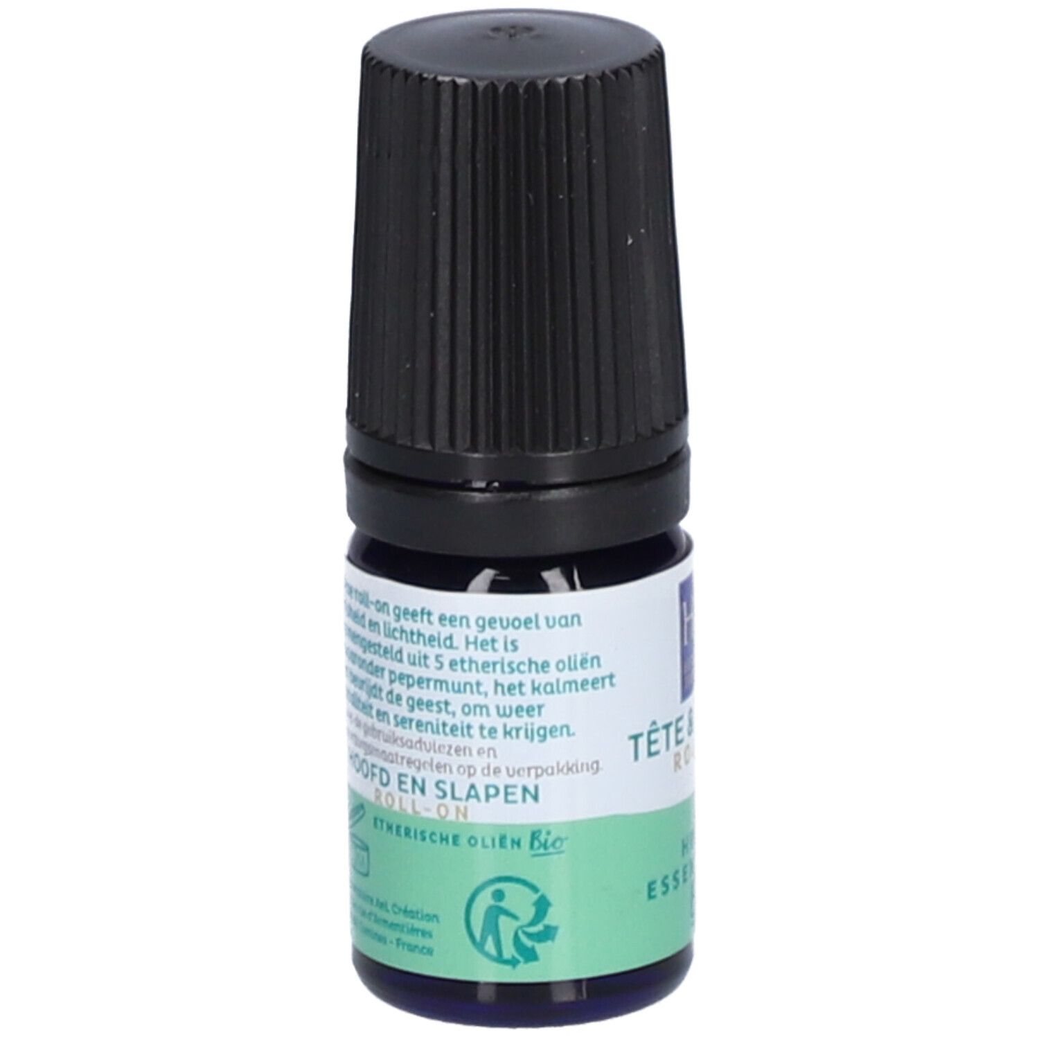 Flacon roll-on avec bouchon noir. Inscriptions: Tête & Tempes, Huiles Essentielles, Bio. Texte en néerlandais.