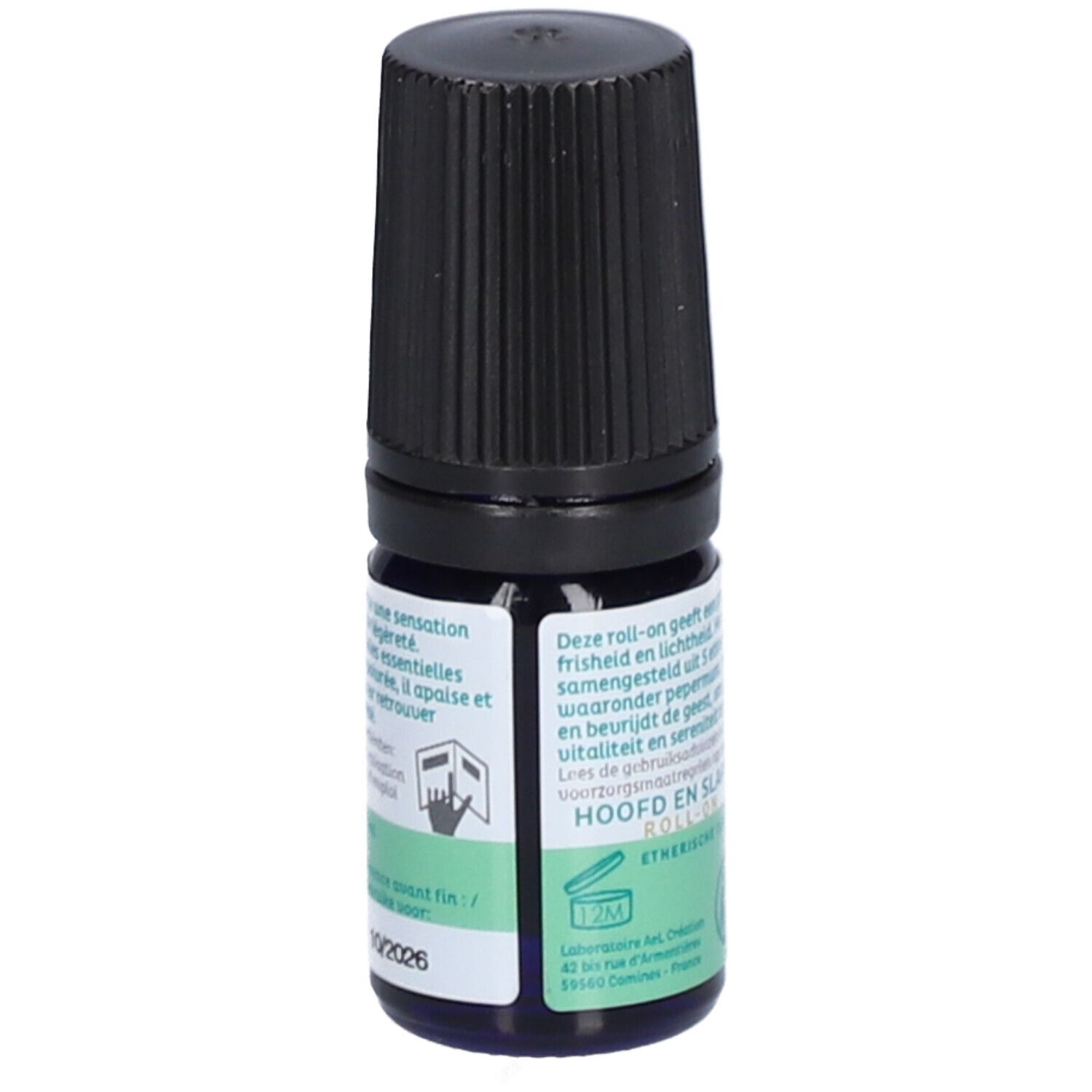 Flacon roll-on avec bouchon noir. Inscriptions: Tête & Tempes, Huiles Essentielles, Bio. Texte en néerlandais.