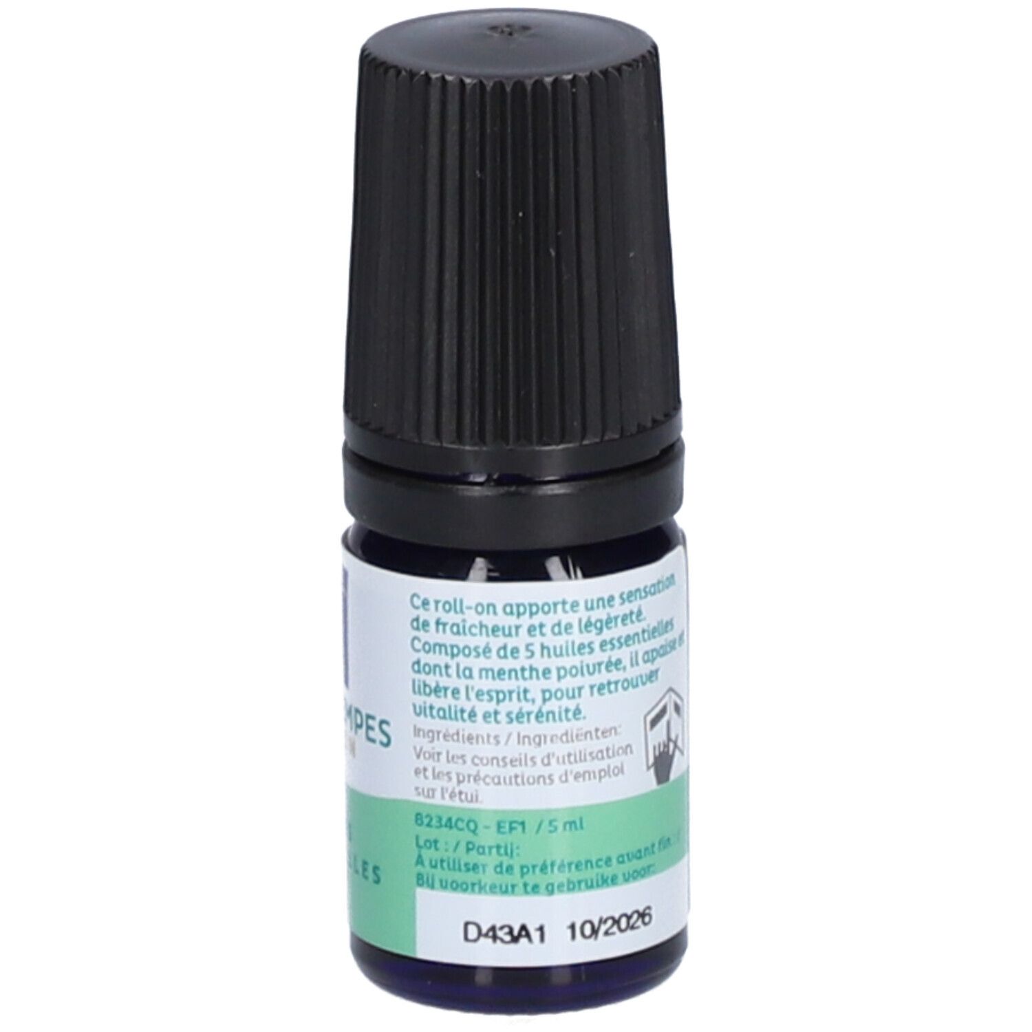 Flacon roll-on avec bouchon noir. Inscriptions: Tête & Tempes, Huiles Essentielles, Bio. Texte en français.