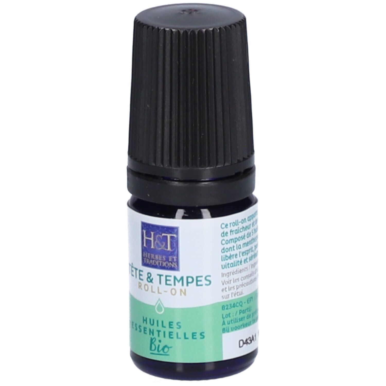 Flacon roll-on bleu avec bouchon noir. Inscriptions: H&T, Tête & Tempes, Huiles Essentielles, Bio.