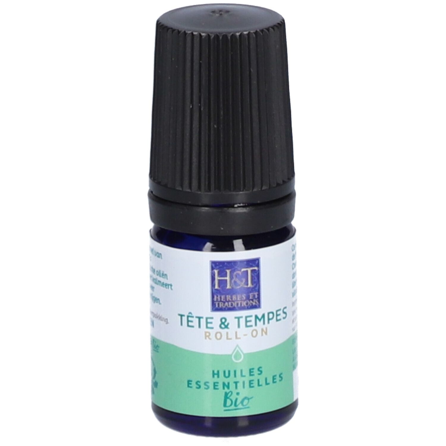 Flacon roll-on bleu avec bouchon noir. Inscriptions: H&T, Tête & Tempes, Huiles Essentielles, Bio.