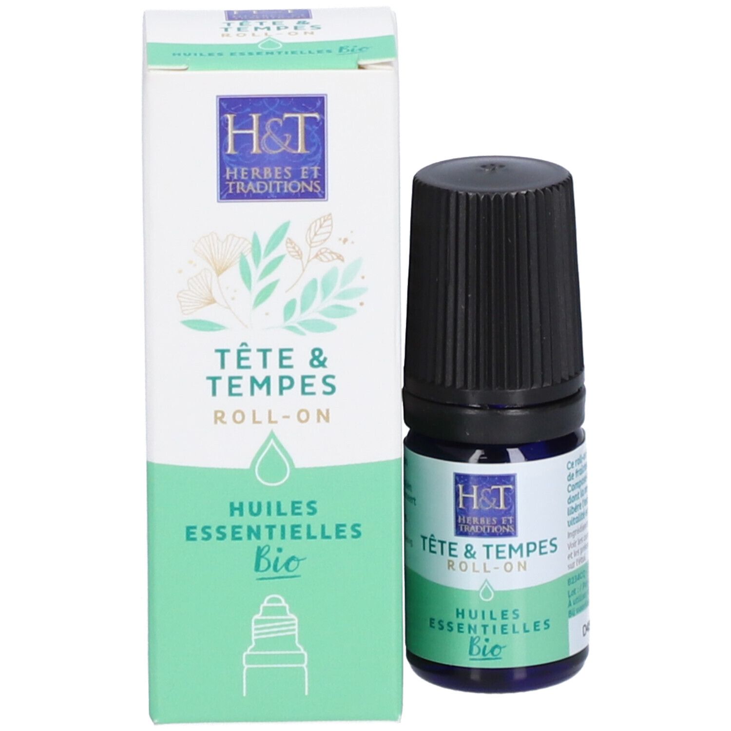 Flacon roll-on et emballage. Inscriptions: H&T, Tête & Tempes, Huiles Essentielles, Bio.