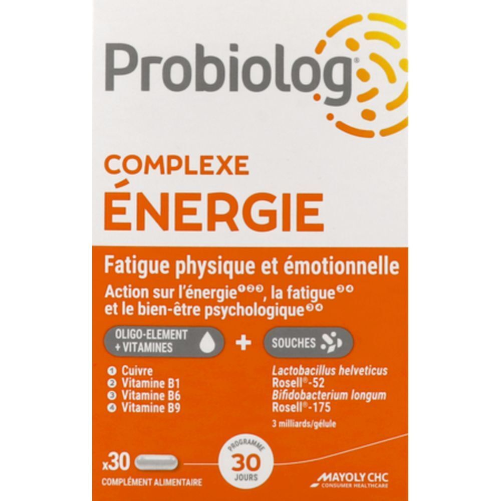Boîte de produit avec informations. Accents orange, texte en français. Contient oligo-éléments, vitamines et souches bactériennes.