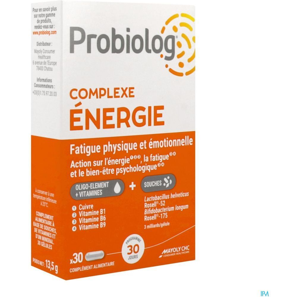 Boîte de produit avec informations. Accents orange, texte en français. Contient oligo-éléments, vitamines et souches bactériennes. 30 gélules.