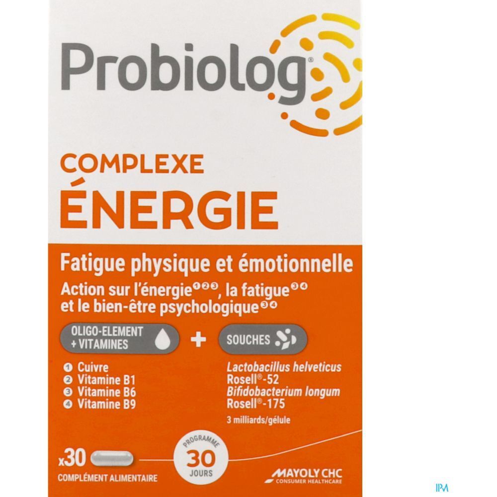 Boîte de produit avec informations. Accents orange, texte en français. Contient oligo-éléments, vitamines et souches bactériennes. 30 gélules.