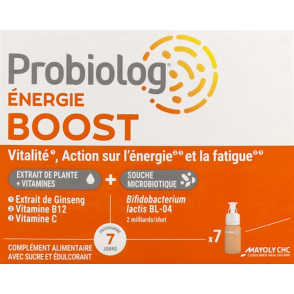 Boîte de Probiolog Énergie Boost Shots. Contient 7 shots. Avec ginseng, vitamines et cultures bactériennes.