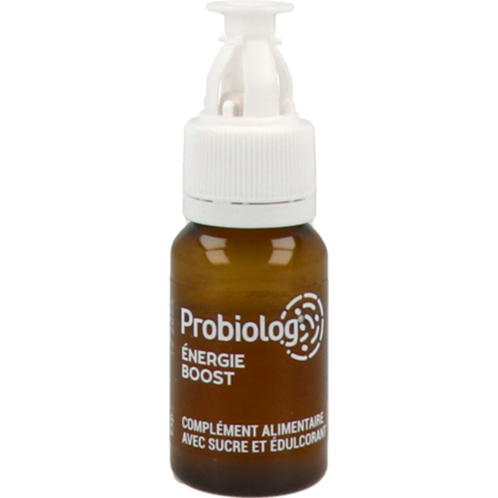 Shot Probiolog Énergie Boost. Flacon brun avec bouchon blanc. Contient un complément alimentaire.