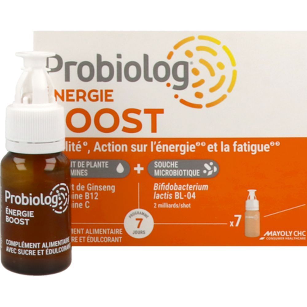 Shot Probiolog Énergie Boost et boîte. Shot en flacon brun. Boîte de 7 shots.
