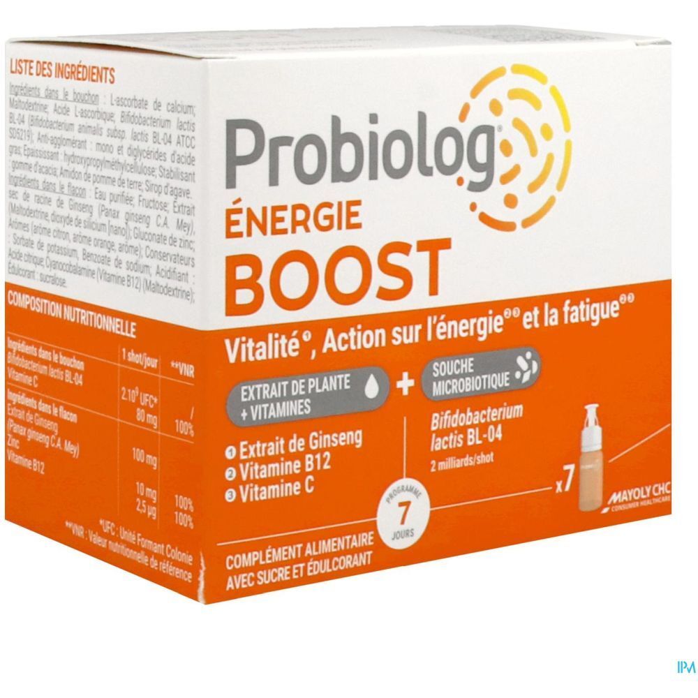 Boîte Probiolog Énergie Boost. Contient 7 shots. Avec liste d'ingrédients et tableau nutritionnel.