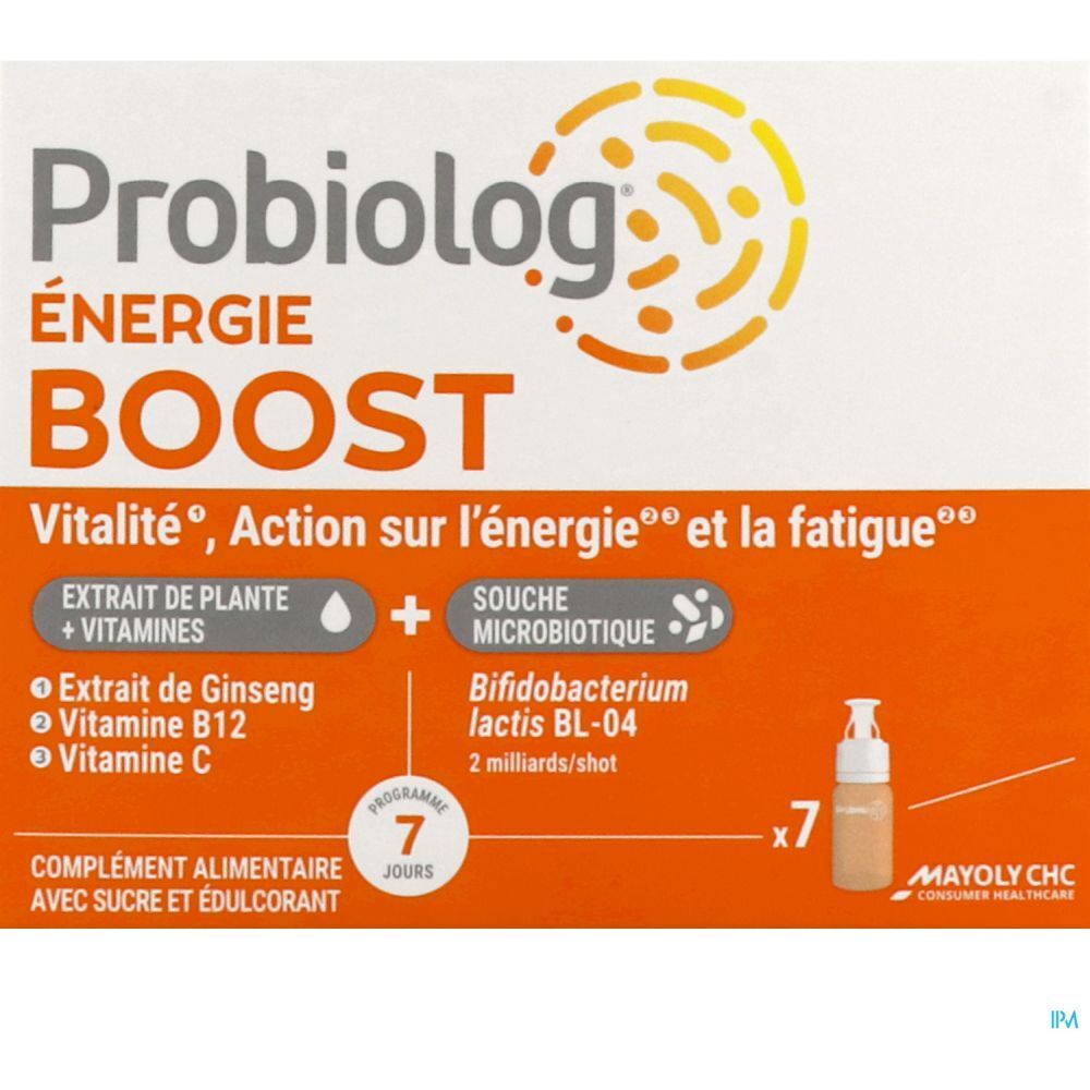 Boîte Probiolog Énergie Boost. Contient 7 shots. Avec informations produit et ingrédients.