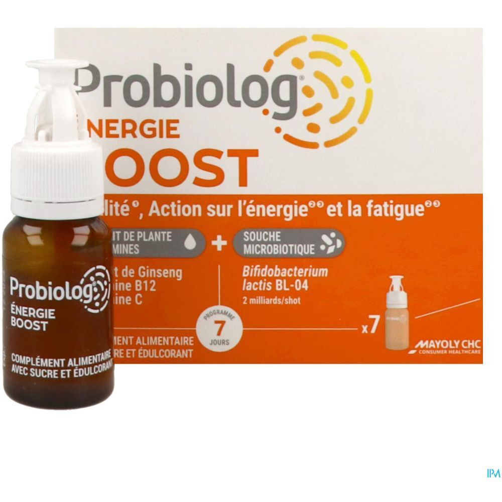 Shot Probiolog Énergie Boost et boîte. Shot en flacon brun. Boîte de 7 shots.