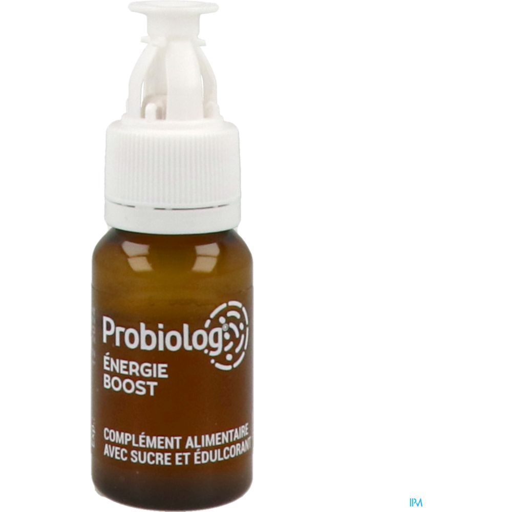 Shot Probiolog Énergie Boost. Flacon brun, bouchon blanc. Complément alimentaire.