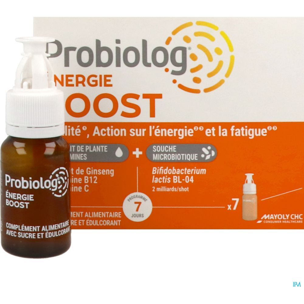 Shot Probiolog Énergie Boost et boîte. Shot en flacon brun. Boîte de 7 shots.