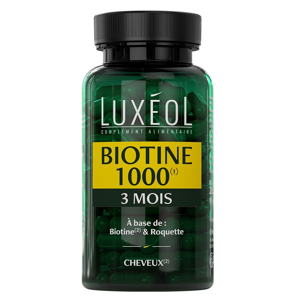 Flacon vert de gélules. Inscription: Luxéol, Biotine 1000, 3 mois. Contient de la biotine et de la roquette.
