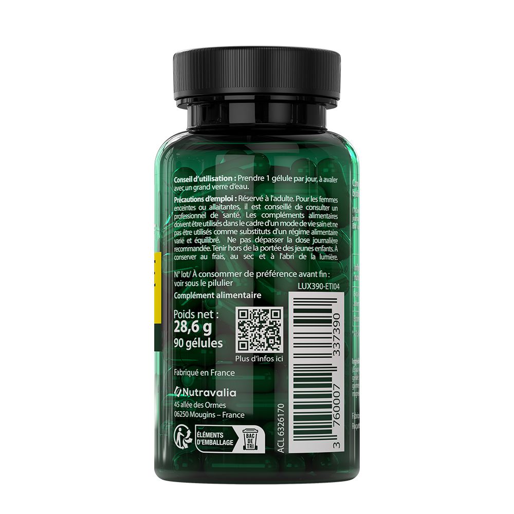 Dos du flacon. Texte: conseils d'utilisation, poids net 28,6g, 90 gélules. Code QR et informations fabricant.