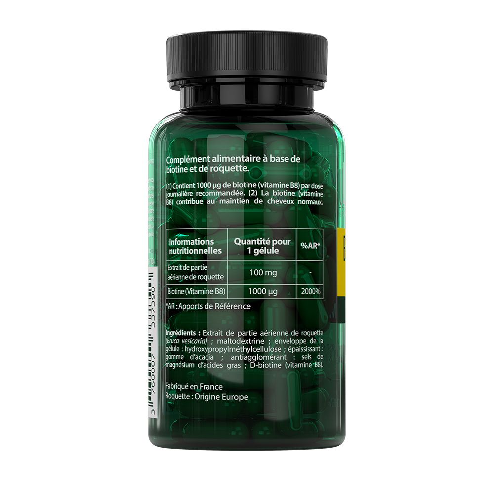Dos du flacon. Texte: informations nutritionnelles, 1000 µg biotine par gélule. Ingrédients: extrait de roquette, biotine.