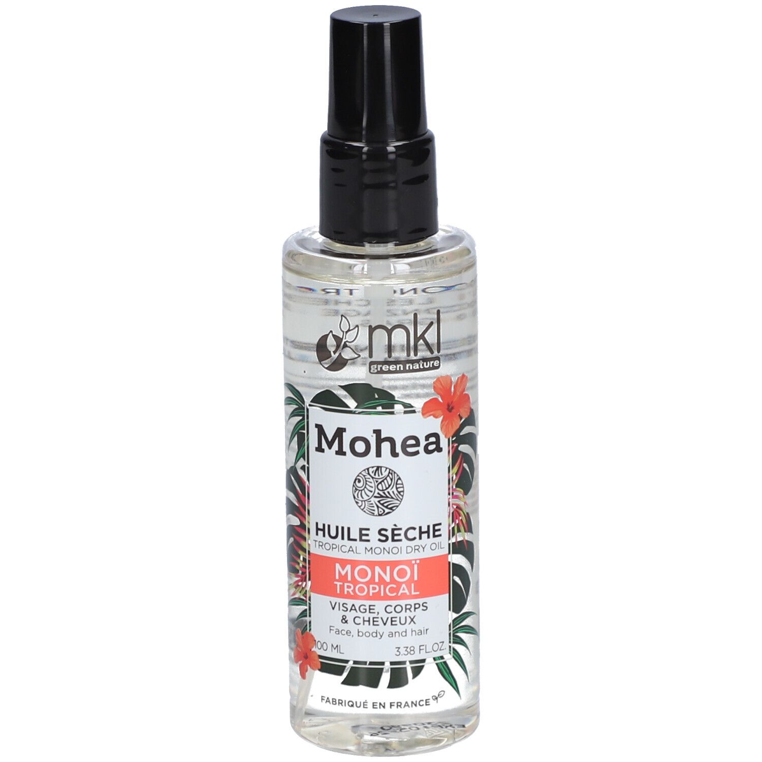 Flacon transparent avec bouchon noir. Étiquette avec logo, nom du produit et illustrations florales.